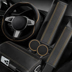 NBTEPEM 6 PCS Car Steering Wheel Cover Set, Microfiber Leather Steering Wheel Covers Universal 14.5-15 inch, Center Console Cover, Seat Belt Cushion, Cup Holder Coaster, Car Accessories Set Beige