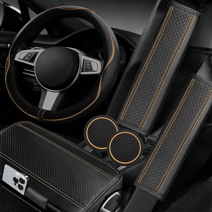 NBTEPEM 6 PCS Car Steering Wheel Cover Set, Microfiber Leather Steering Wheel Covers Universal 14.5-15 inch, Center Console Cover, Seat Belt Cushion, Cup Holder Coaster, Car Accessories Set Beige