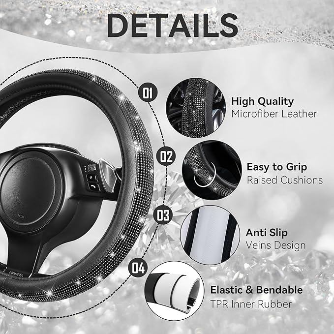CAR PASS 30 PCS Bling Diamond Car Accessories Set for Women, Bling Steering Wheel Covers 15 Inch, Shining Rhinestone License Plate Frame, Sparkly Phone Holder, Cute Interior Set Decorations, Black