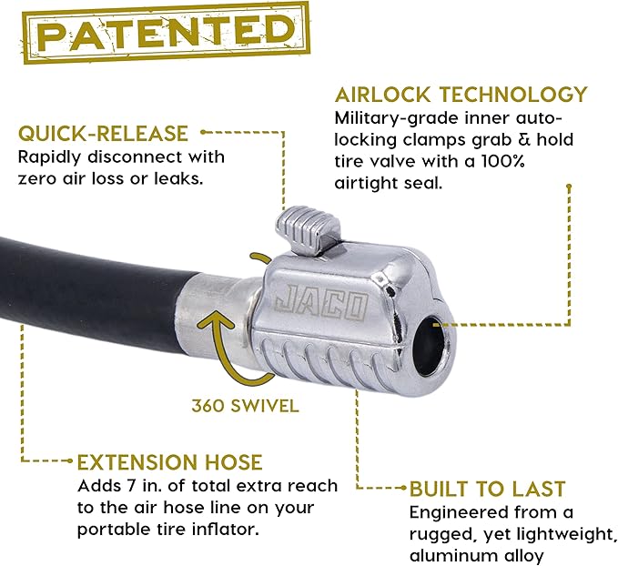 JACO Lightning S2X Tire Inflator Hose Extension Self Locking Nozzle | Patented Lock-on Air Hose Adapter for Tire Pumps (Open Flow)