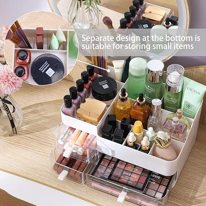 White Makeup Organizer With Drawers,Large Skincare Organizers for Countertop,Desk,Dresser,Plastic Bathroom Counter Organizer 