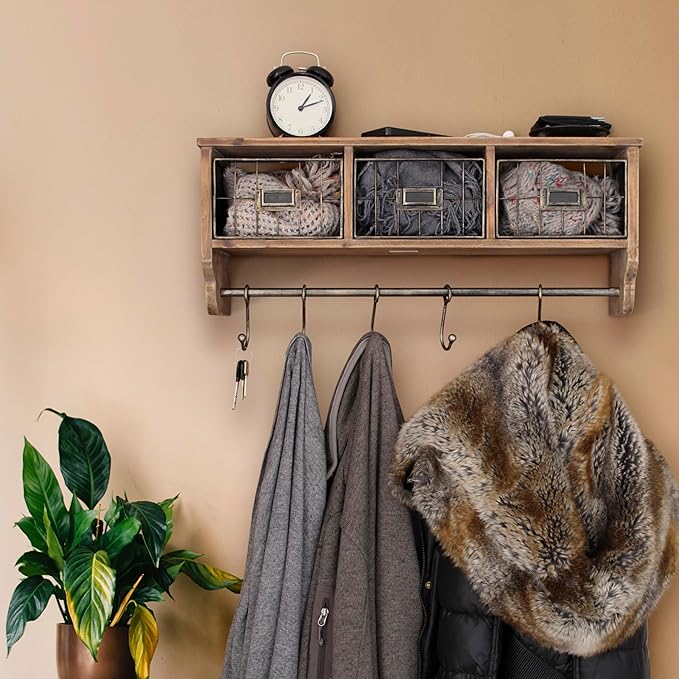BizChair Wall Mounted Storage Rack - Rustic Brown Solid Pine Wood - 24 Inch - Upper Shelf - 5 Hooks - Wire Baskets - For Entr