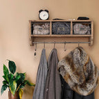 BizChair Wall Mounted Storage Rack - Rustic Brown Solid Pine Wood - 24 Inch - Upper Shelf - 5 Hooks - Wire Baskets - For Entr
