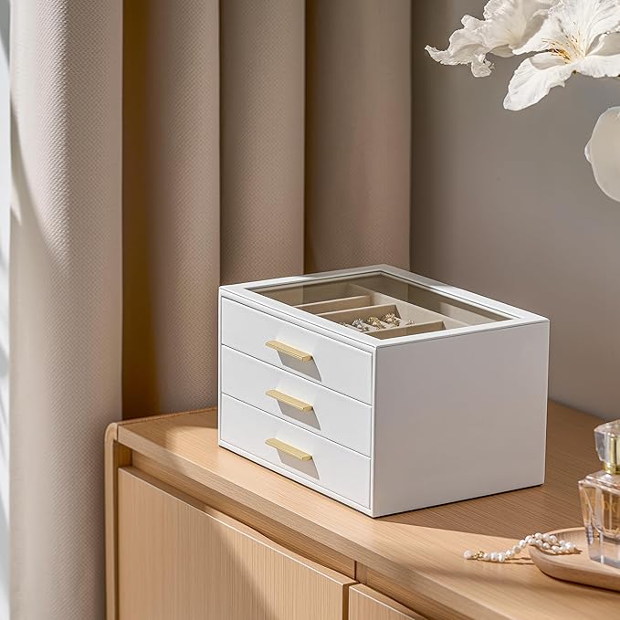 pickpiff Jewelry Box Organizer Case for Women: 3-Layer Jewelry Storage Case with Glass Window, Pure White Leather with Velvet