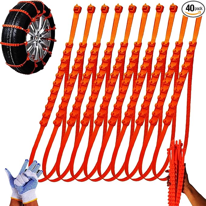 40PCS Zip Tie Snow Chains - Temporary Tire Straps, Universal Reusable Anti-Skid Nylon Tire Chain, Upgrade Adjustable Portable