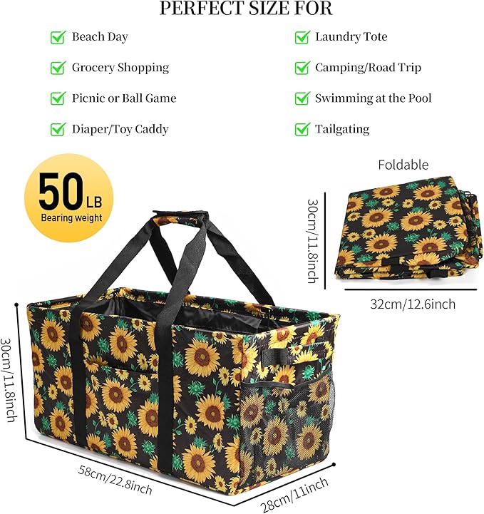 Joyfol Day Extra Large Utility Tote Bag, Reusable Grocery Bags Foldable, Upgraded Metal Frame, With Sturdy Handles Reinforced Bottom Heavy Duty Oxford Fabric Moving Shopping Bags, Sunflower