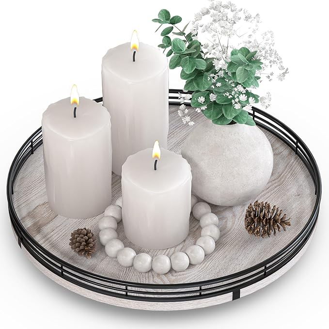 12" Farmhouse Lazy Susan for Kitchen & Coffee Table Decor – Rustic Whitewashed Wood Tray with Black Metal Frame, Decorative C