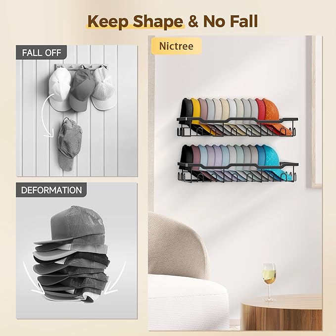 Nicetree Hat Rack for Wall - 2 Pack Metal Hat Organizer for Baseball Caps - Heavy Duty Wall Mounted Baseball Cap Organizer an