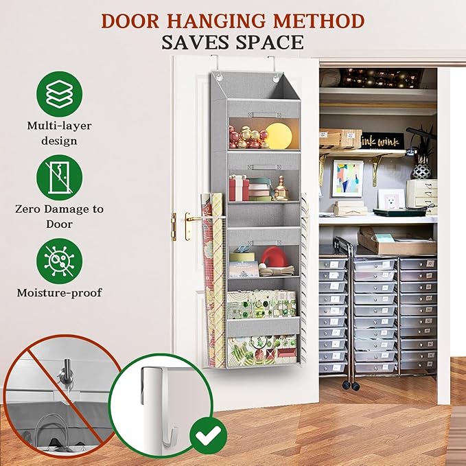 Light Grey Over Door Wrapping Paper Organizer Storage with 3 Removable Drawers & Side Pockets –Dual Use Design with Elastic S