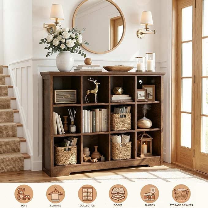Aheaplus Wooden 12-Cube Storage Organizer with Charging Ports, Modern Cube Bookcase with Base, 4-Tier Floor Standing Open Cub