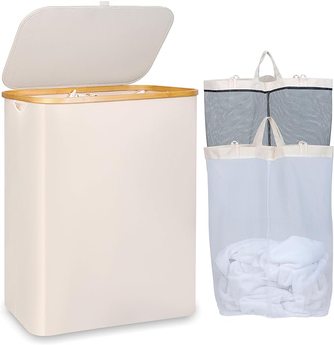 iEGrow 150L Laundry Basket with Lid, Large Laundry Hamper with Bamboo Handle, Collapsible Dirty Clothes Hamper Organizer with