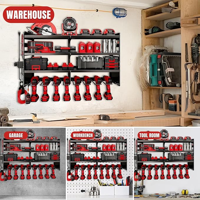 33" W Power Tool Organizer with Charging Station, 4 Layers Heavy Duty Metal Tool Storage Rack Wall Mount 8 Cordless Drill Hol