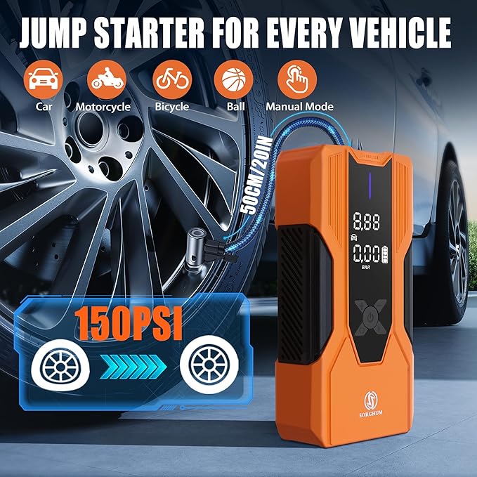 Sorghum Battery Jumper Starter Portable - 8000A Car Battery Jump Starter with Air Compressor, 150PSI Jump Box with Tire