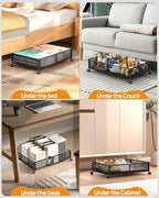 Under Bed Storage With Wheels, 4 Pack Foldable Pattern Carved Metal Under Bed Storage Containers, 60L Rolling Underbed Storag