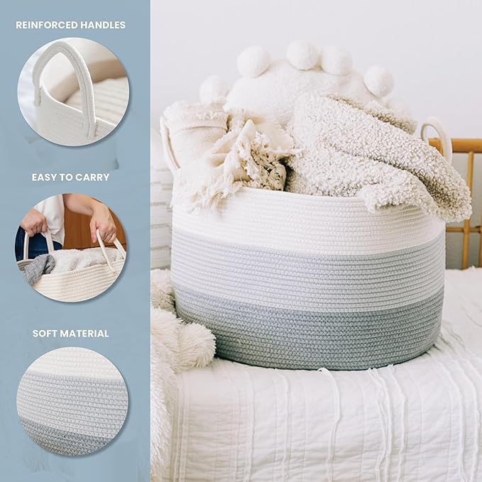 OrganiHaus Large Woven Storage Basket for Blankets and Toys 20" x 13" Inch, Rope Laundry Basket with Handles, Cushions & Pill