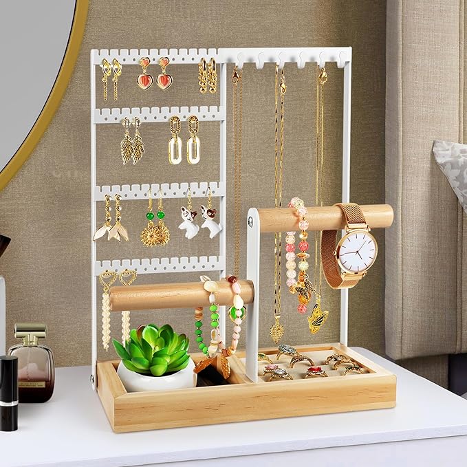 Godboat Jewelry Organizer, 4-Tier Earring Holder Organizer with 48 Holes, 6 Hooks Necklace Rack, Bracelet and Ring Stand with
