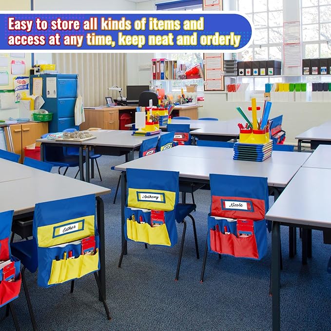 Lewtemi 2 Pcs Desk Chair Seat Back Organizer with 5 Pockets Chair Pockets for Classrooms School Seat Chair Storage Pocket Chart with Name Label Slot for Home Office, 18 x 19 Inch(Red, Yellow)