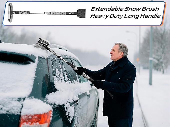 Trazon 42.4" Extendable Snow Brush & Mini Snow Shovel/Ice Scraper for Car Windshield with Foam Grip for Cars, SUV, Trucks, Detachable Сar Scraper, No Scratch, Heavy Duty Long Handle, Ice Remover