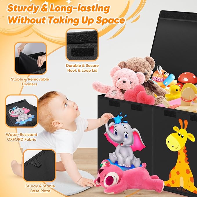 Mabahoo Extra Large Toy Box, Collapsible Storage Organizer with Lids, Cute Animals Toybox for Boys Girls, 40"x14"x16" Kids To