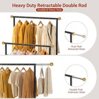 Rolling Garment Rack - Double Rod Clothes Rack with Lockable Casters, Mesh Storage Shelf & Anti-Slip Wooden Finials accented 