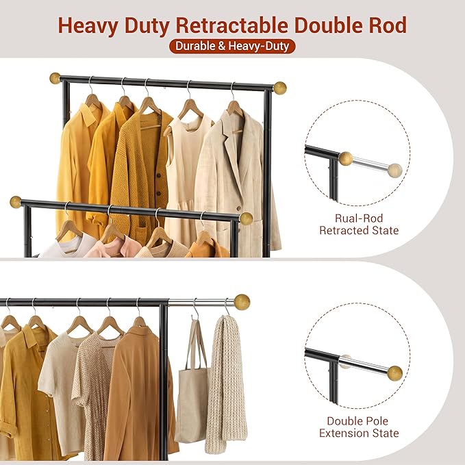 Rolling Garment Rack - Double Rod Clothes Rack with Lockable Casters, Mesh Storage Shelf & Anti-Slip Wooden Finials accented 