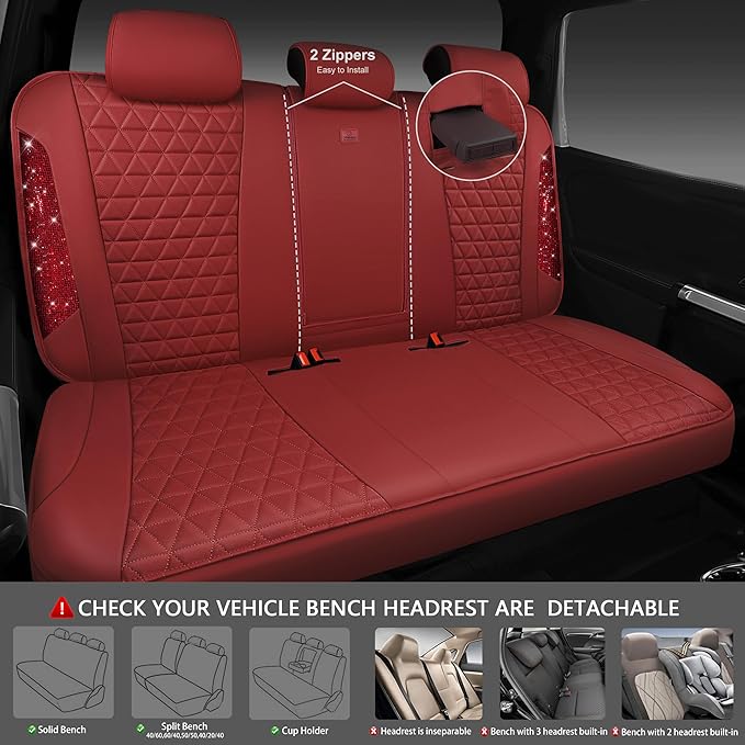 CAR PASS Bling Diamond Burgundy Leather Car Seat Covers Full Sets Interior Sets, Waterproof Shining Glitter Sparkly Crystal U