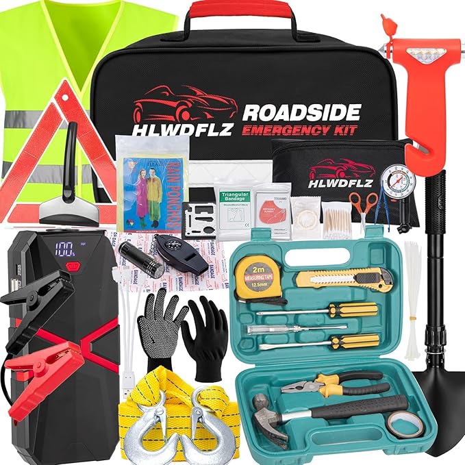 Car Emergency Kit with 2000A Car Battery Jump Starter- Car Roadside Emergency Kit, First Aid Kit, Tow Rope, Emergency Car Kit