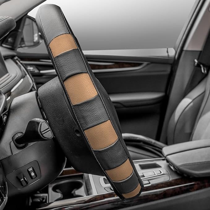 FH Group Universal Fit Genuine Leather Sport Beige Steering Wheel Cover Fits Most Cars, SUVs