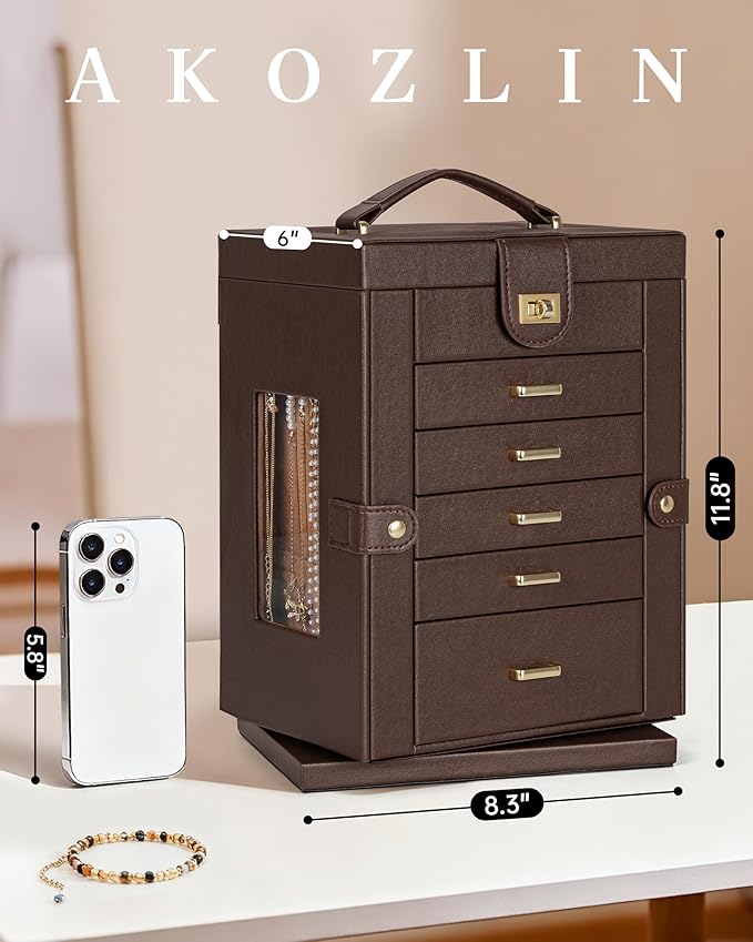 AKOZLIN 360° Rotating Jewelry Box 6-Tier Organizer Functional 360° Rotating Jewelry Storage Case for Women Girls Ring Necklac