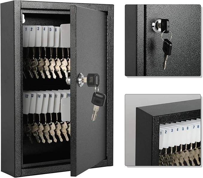 KYODOLED Key Storage Lock Box Wall Mount, Locking 40 Key Cabinet Holder Box with Key Lock, Hooks & Labels for Home, Office, C
