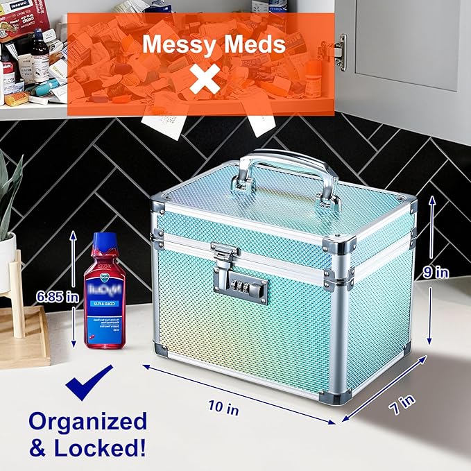 Adazzo Lockable Medicine Storage Box - Turquoise Cabinet Med Lock Organizer, 10 x 7 x 9 Inches Safe Med Case with Lock for Ho