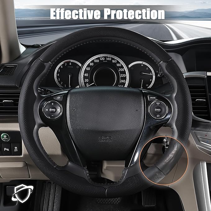 Aimato Customized Steering Wheel Cover for Honda Accord 2013-2017/Pilot 2016-2018/Crosstour 2013-2015, Thin,Anti-Slip,Scratch-Resistant Exclusive Car Accessory for Honda,Nappa Black