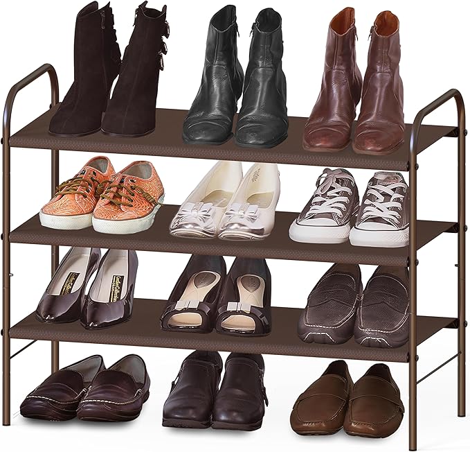 Simple Houseware 3-Tier Shoe Rack Storage Organizer, Bronze – Space-Saving Shoe Shelf, Holds 9–16 Pairs, Sturdy Metal Frame, 