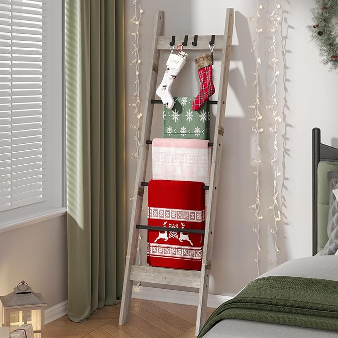 Hzuaneri Blanket Ladder for Living Room, Decorative Quilt Rack with 4 Removable Hooks, 6-Tier Farmhouse Ladder Holder Shelf O