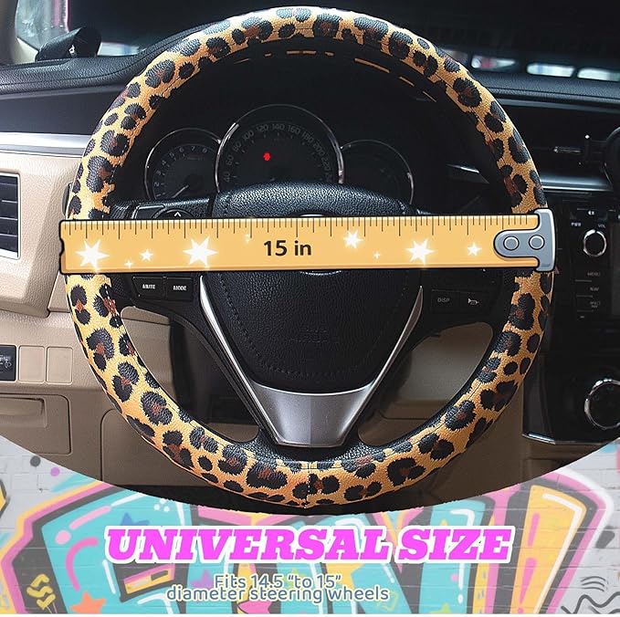 Universal Leather Leopard Cheetah Steering Wheel Cover Women 14.5-15 inch Leopard car Accessories Western Anime Brown Cute Wh