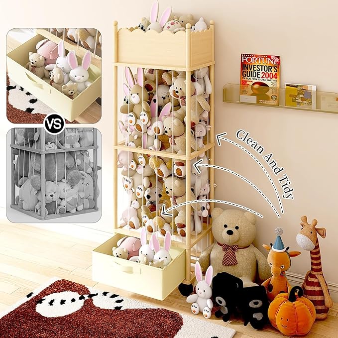 Wooden Stuffed Animal Storage Organizer with Wheels & Drawer – 3-Tier Plush Toy Zoo Holder for Kids Room, Nursery & Playroom 