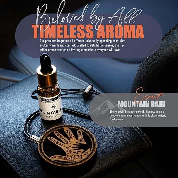 Handmade Wood Car Air Freshener — Father’s Hands Designed Refillable Essential Oil Diffuser — Long Lasting Mountain Rain Frag