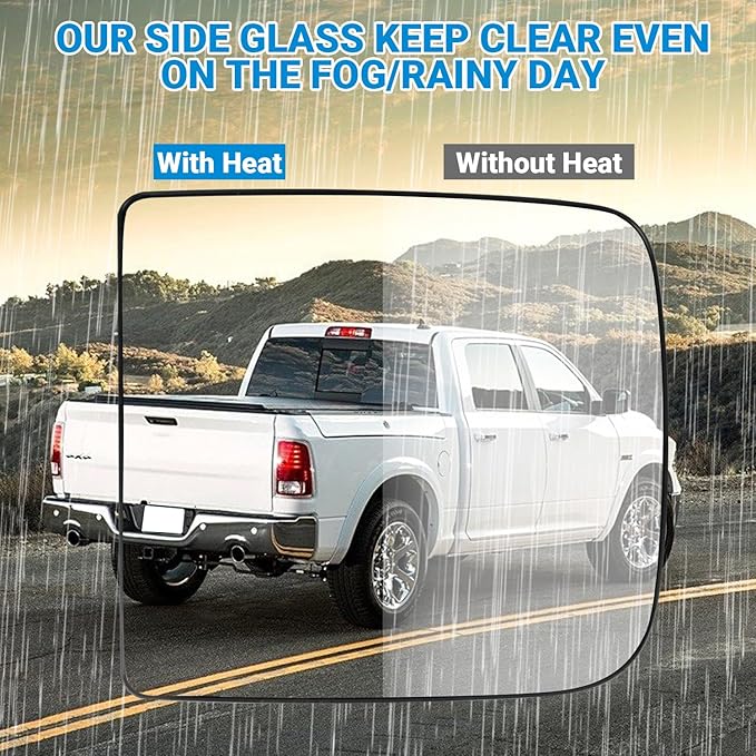 Driver Left Side Mirror Glass Replacement, 3-Tab Backplate ONLY, Compatible with Dodge/Ram 2010-2020 1500 2500 3500 (Not for 4-Tab), Heated Convex Left Side 68067729AA 68067727AA