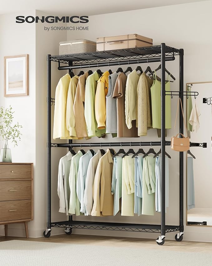 SONGMICS Heavy-Duty Rolling Clothes Rack, Garment Rack, Portable Closet on Wheels, with Adjustable Mesh Shelves and Hanging R