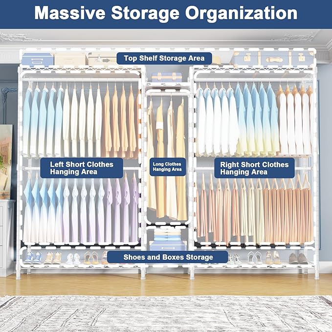 Ulif E12C Max Heavy Duty Closet Organizer System，Freestanding Clothing Rack, Adjustable Garment Rack 83" W x 16" D x 76.5" H 