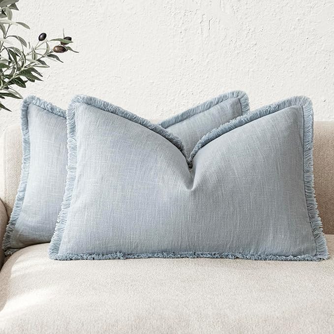 Foindtower Set of 2 Decorative Linen Fringe Lumbar Throw Pillow Covers Boho Farmhouse Cushion Cover with Tassels Soft Accent 