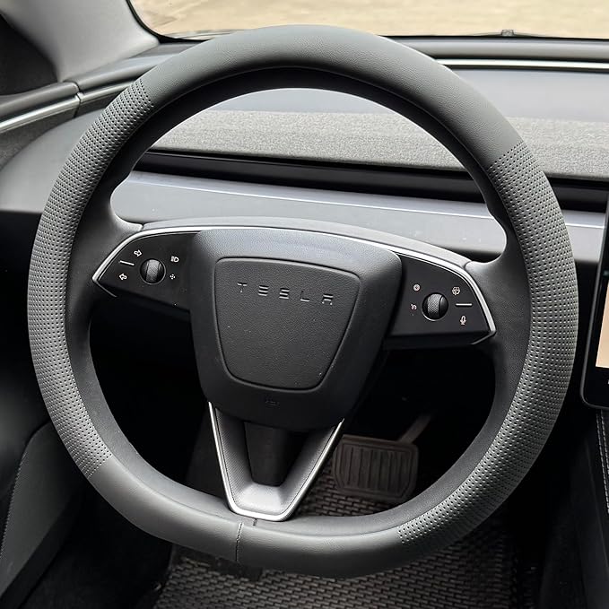 PINCTROT Nappa Leather Steering Wheel Cover for Tesla Model Y/3 Highland/Juniper, D Shaped 14 Inch Small Sized with Breathabl