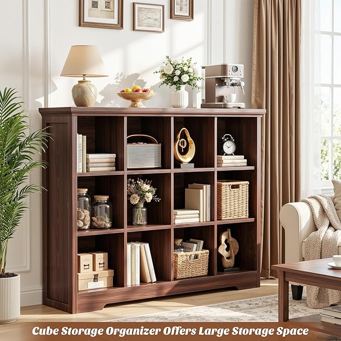 Aheaplus Wooden 12-Cube Storage Organizer with Charging Ports, Modern Cube Bookcase with Base, 4-Tier Floor Standing Open Cub