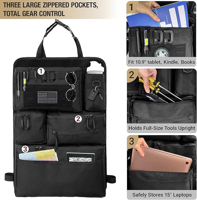 Tactical Seat Back Organizer - Heavy Duty MOLLE Panel Organizer with Multiple Pockets & Hook Loop Panel for EDC Gear, Road Trip Essentials, Universal Fit for Car SUV Truck Jeep Ford(Black)