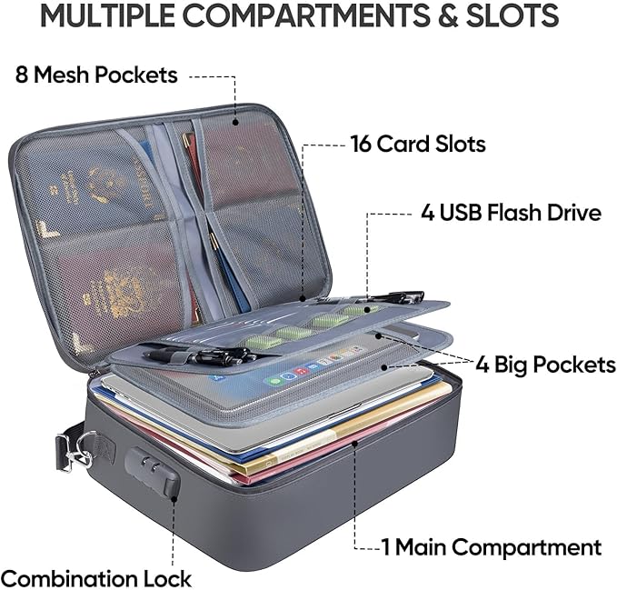 BALEINE Fireproof Document Box with Lock, Portable Fireproof Document Bag Waterproof Fire Proof File Boxes for Documents, Fil