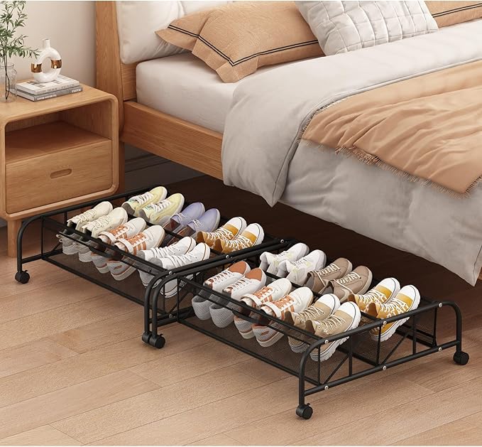 2 Tier Shoe Rack Underbed Organizer Storage Rack with Wheels Woven Mesh Cloth Shoe Organizer Drawer Space Saving for Bedroom 