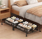 2 Tier Shoe Rack Underbed Organizer Storage Rack with Wheels Woven Mesh Cloth Shoe Organizer Drawer Space Saving for Bedroom 