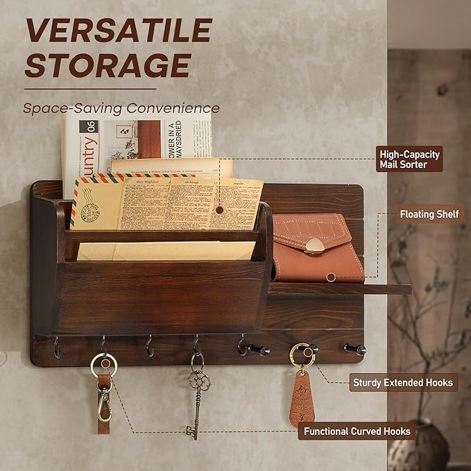 Rebee Vision Pine Wood Key Holder Wall Mount for Home Decor - Vintage Mail Holder Wall Mounted with Floating Shelf & Hooks - 