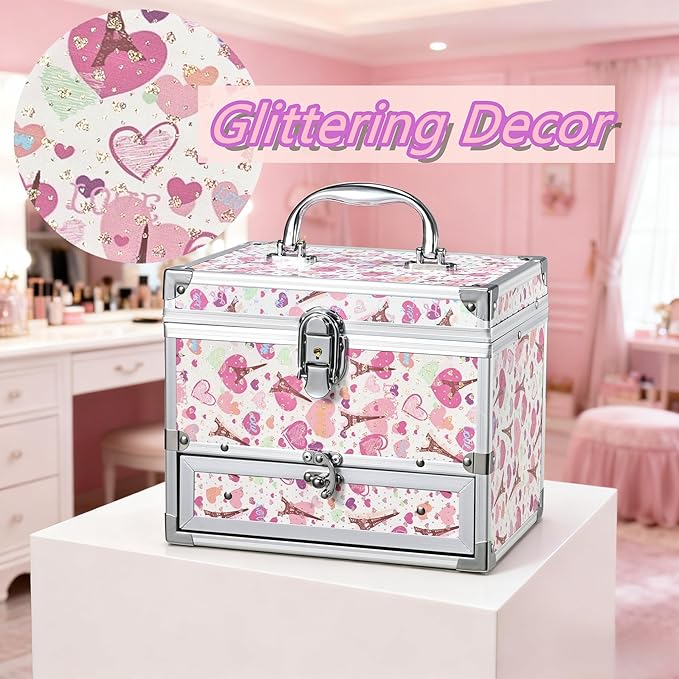 Hododou Girls Jewelry Box Organizer with Drawer & Mirror, Shiny Pink Style Lockable Storage Case for Kid or Little Girls Jewe