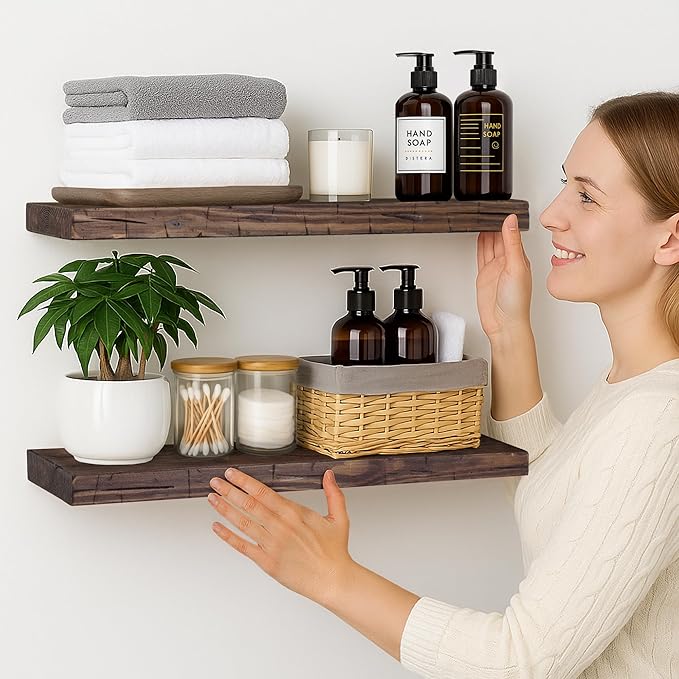 BGMG Floating Shelves 24 inch Long, Distressed Rustic Wooden Wall Shelves for Bathroom Living Room Bedroom Kitchen Farmhouse 